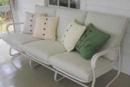 New look for an old sofa - recovered with cotton ticking with zippers at back